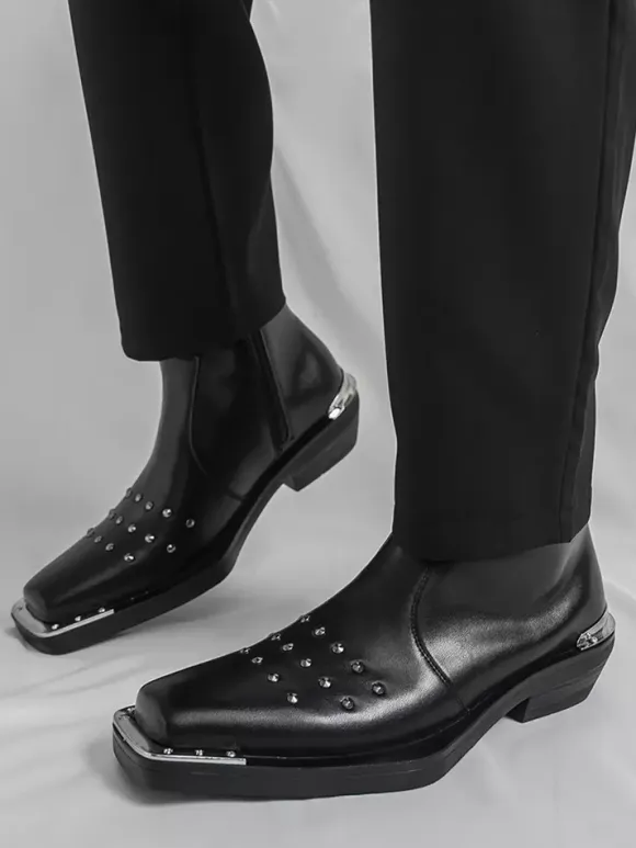 Black Ankle Boots Square Toe Studded Chunky Heel Booties For Men