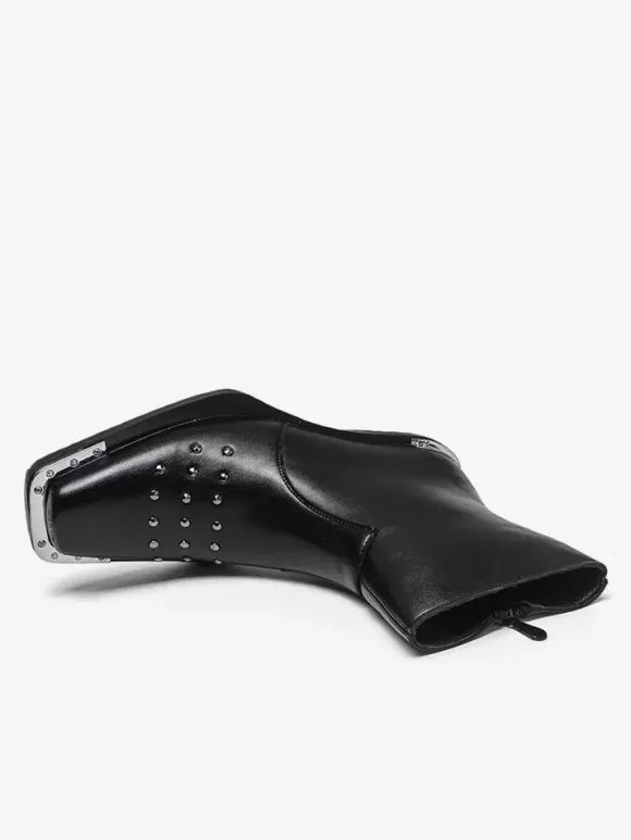 Black Ankle Boots Square Toe Studded Chunky Heel Booties For Men