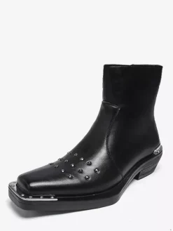 Black Ankle Boots Square Toe Studded Chunky Heel Booties For Men