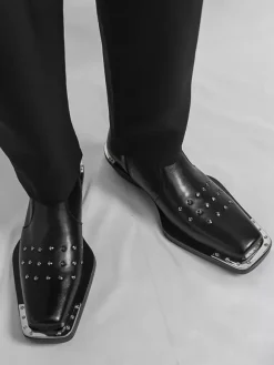 Black Ankle Boots Square Toe Studded Chunky Heel Booties For Men
