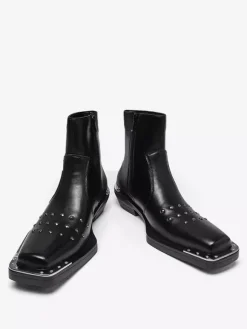 Black Ankle Boots Square Toe Studded Chunky Heel Booties For Men