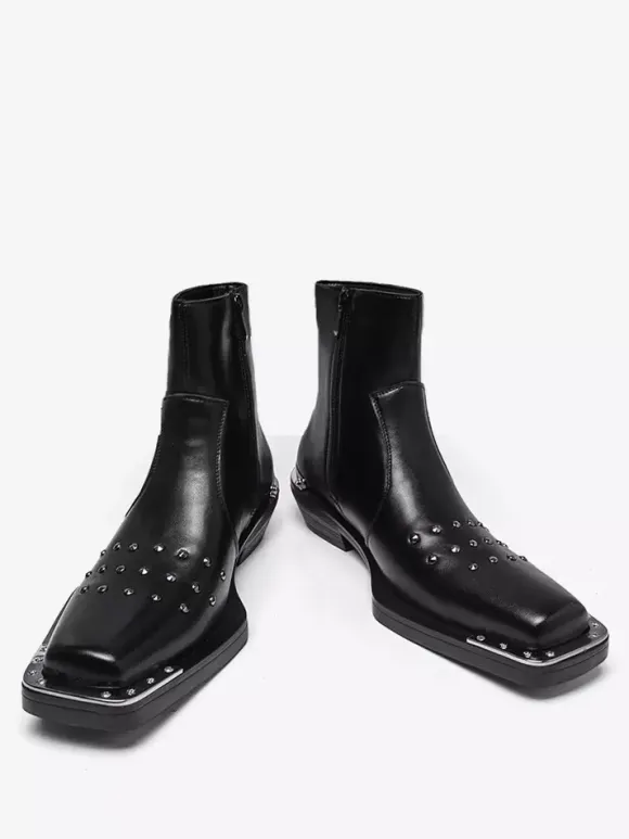 Black Ankle Boots Square Toe Studded Chunky Heel Booties For Men