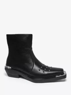 Black Ankle Boots Square Toe Studded Chunky Heel Booties For Men