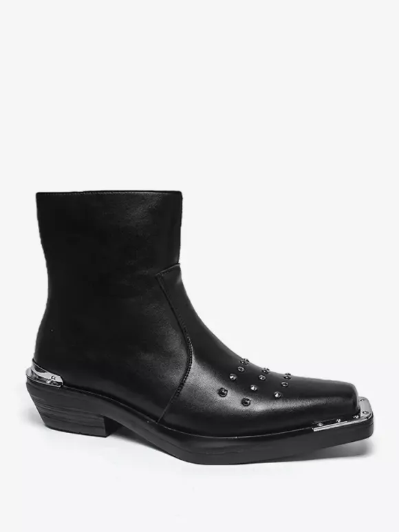 Black Ankle Boots Square Toe Studded Chunky Heel Booties For Men