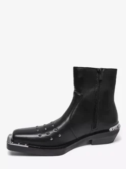 Black Ankle Boots Square Toe Studded Chunky Heel Booties For Men