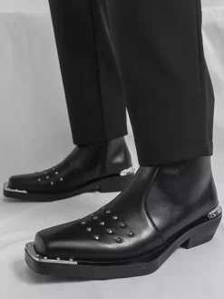 Black Ankle Boots Square Toe Studded Chunky Heel Booties For Men