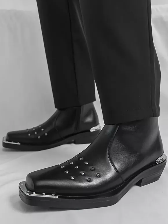 Black Ankle Boots Square Toe Studded Chunky Heel Booties For Men
