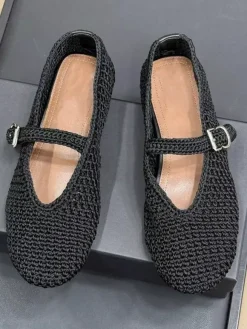Black Ballet Flats Cane Round Toe Buckle Detail Flat Shoes