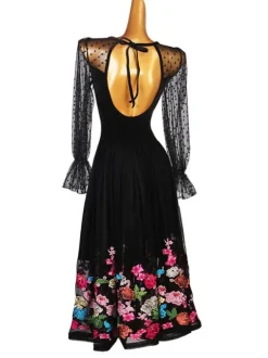 Black Ballroom Dance Costumes Women's Lycra Spandex Set Dress Embroidery Dancing Wear
