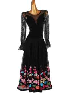 Black Ballroom Dance Costumes Women's Lycra Spandex Set Dress Embroidery Dancing Wear