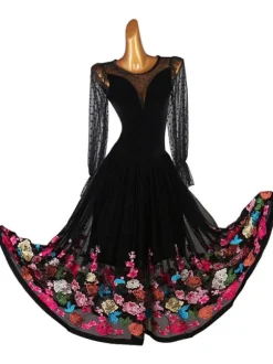 Black Ballroom Dance Costumes Women's Lycra Spandex Set Dress Embroidery Dancing Wear