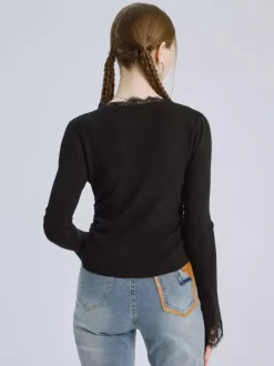 Black Basic T-shirt With Lace Decoration Crew Neck Spring Top For Women 2026