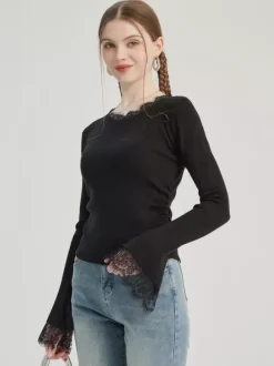 Black Basic T-shirt With Lace Decoration Crew Neck Spring Top For Women 2026