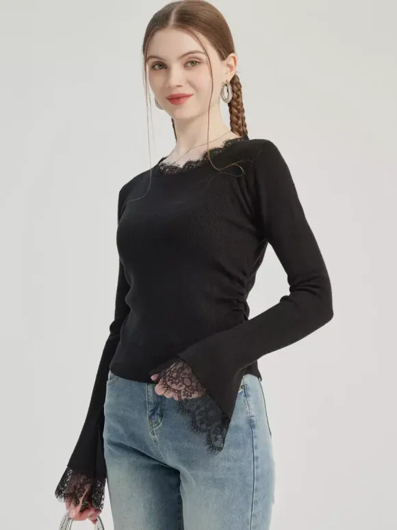 Black Basic T-shirt With Lace Decoration Crew Neck Spring Top For Women 2026