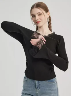 Black Basic T-shirt With Lace Decoration Crew Neck Spring Top For Women 2026