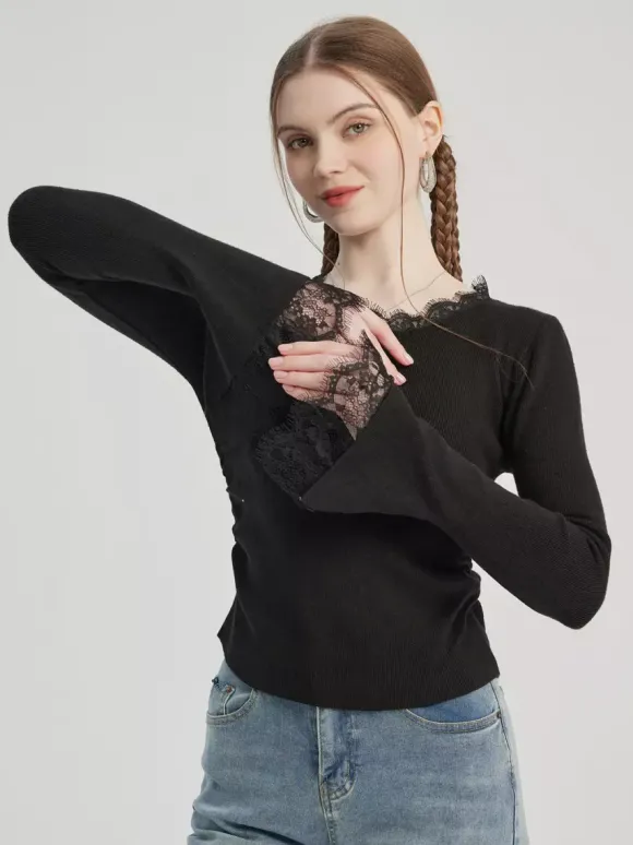 Black Basic T-shirt With Lace Decoration Crew Neck Spring Top For Women 2026