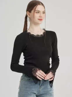 Black Basic T-shirt With Lace Decoration Crew Neck Spring Top For Women 2026