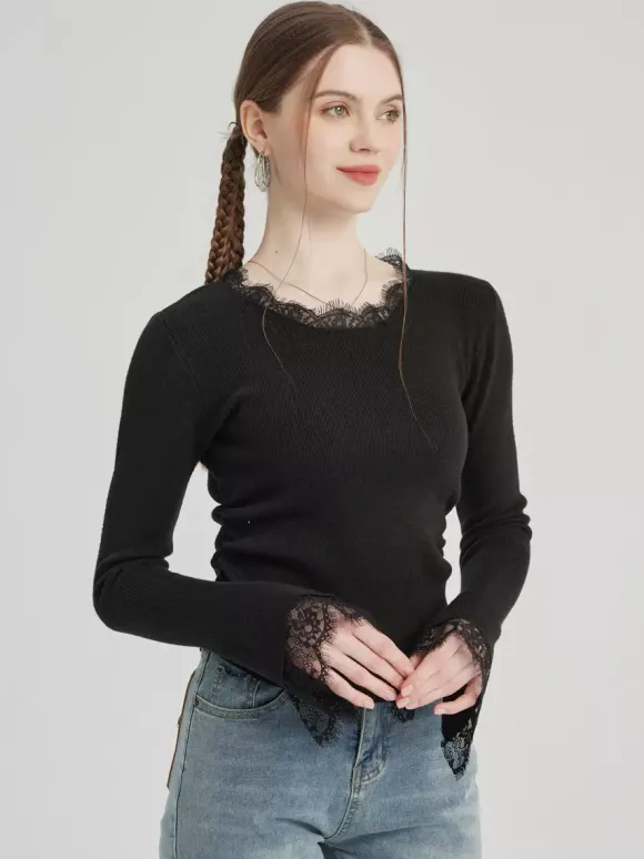 Black Basic T-shirt With Lace Decoration Crew Neck Spring Top For Women 2026