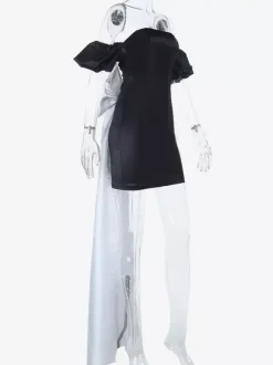 Black Bodycon Women's Mini Dress - Off Shoulder White Bow Back With Train - Sexy Strapless Summer Birthday Party Gown 2026
