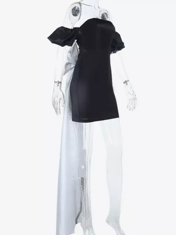 Black Bodycon Women's Mini Dress - Off Shoulder White Bow Back With Train - Sexy Strapless Summer Birthday Party Gown 2026
