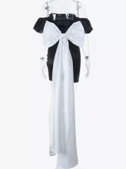Black Bodycon Women's Mini Dress - Off Shoulder White Bow Back With Train - Sexy Strapless Summer Birthday Party Gown 2026