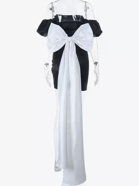 Black Bodycon Women's Mini Dress - Off Shoulder White Bow Back With Train - Sexy Strapless Summer Birthday Party Gown 2026