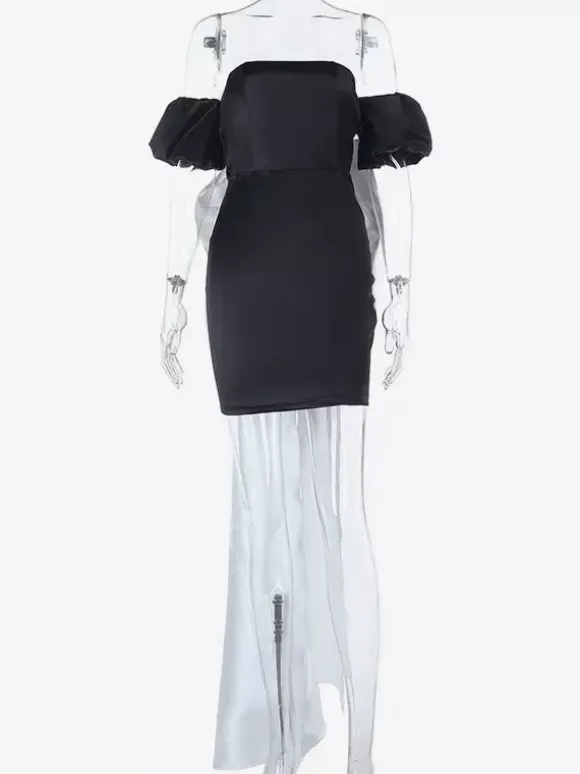 Black Bodycon Women's Mini Dress - Off Shoulder White Bow Back With Train - Sexy Strapless Summer Birthday Party Gown 2026