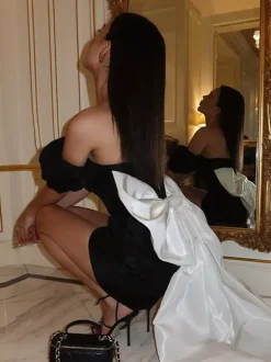 Black Bodycon Women's Mini Dress - Off Shoulder White Bow Back With Train - Sexy Strapless Summer Birthday Party Gown 2026