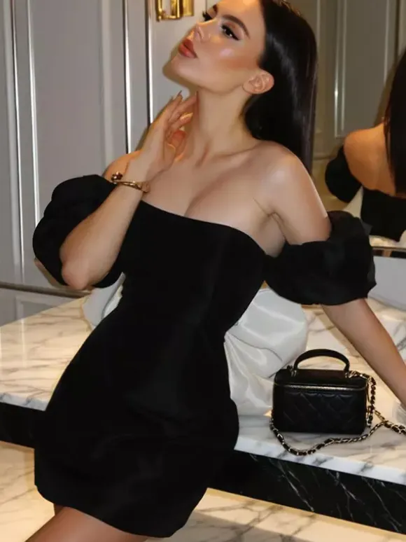 Black Bodycon Women's Mini Dress - Off Shoulder White Bow Back With Train - Sexy Strapless Summer Birthday Party Gown 2026