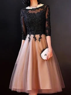 Black Bridal Mother Dress Jewel Neck Half Sleeves Ball Gown Applique Knee-Length Wedding Guest Dresses