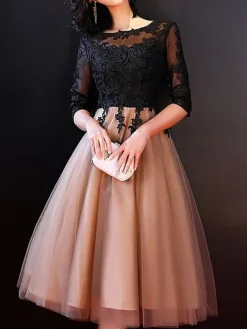 Black Bridal Mother Dress Jewel Neck Half Sleeves Ball Gown Applique Knee-Length Wedding Guest Dresses