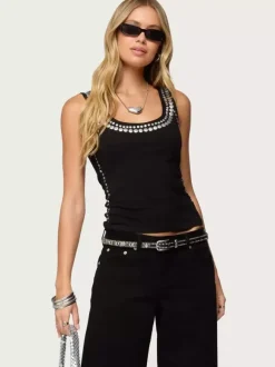 Black Cami Top Jewel Neck Rivets Sexy Women Camis Tanks