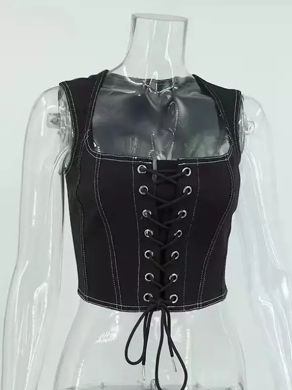 Black Cami Top Lace Up Polyester Sexy Women Camis