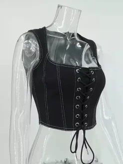 Black Cami Top Lace Up Polyester Sexy Women Camis