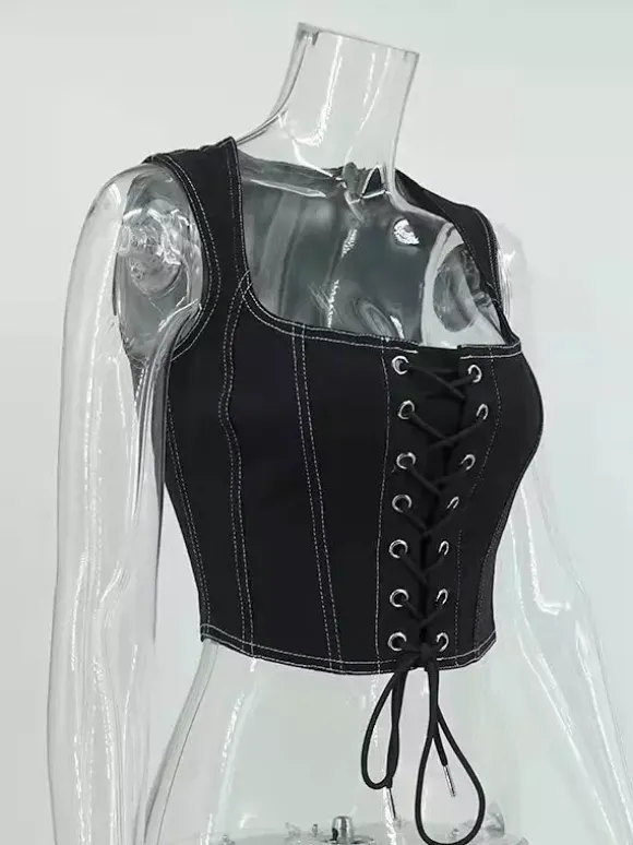 Black Cami Top Lace Up Polyester Sexy Women Camis