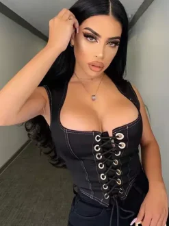 Black Cami Top Lace Up Polyester Sexy Women Camis