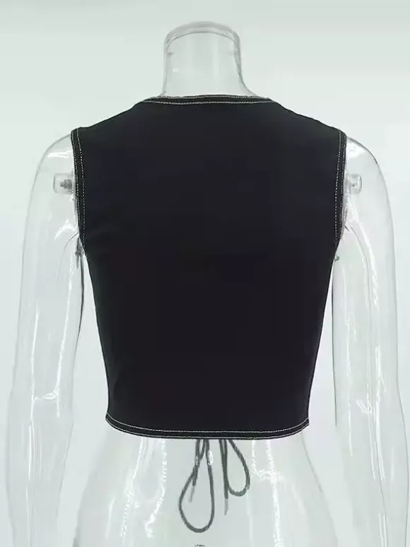 Black Cami Top Lace Up Polyester Sexy Women Camis