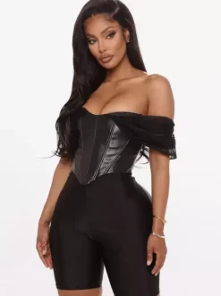 Black Cami Top Off-The-Shoulder Sexy PU Leather Women Camis