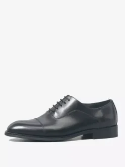 Black Cap Toe Oxford Shoes Men's Real Leather Lace Up Dress Shoes
