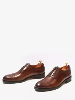 Black Cap Toe Oxford Shoes Men's Real Leather Lace Up Dress Shoes