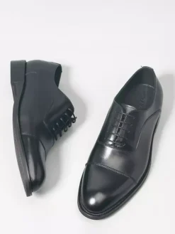 Black Cap Toe Oxford Shoes Men's Real Leather Lace Up Dress Shoes