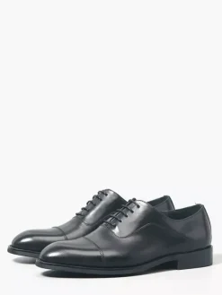 Black Cap Toe Oxford Shoes Men's Real Leather Lace Up Dress Shoes