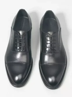 Black Cap Toe Oxford Shoes Men's Real Leather Lace Up Dress Shoes