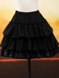 Black Chiffon Lolita Skirt Layers Ruffles Lace Trim