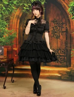 Black Chiffon Lolita Skirt Layers Ruffles Lace Trim