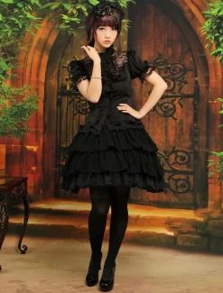 Black Chiffon Lolita Skirt Layers Ruffles Lace Trim