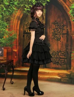 Black Chiffon Lolita Skirt Layers Ruffles Lace Trim