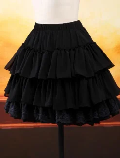 Black Chiffon Lolita Skirt Layers Ruffles Lace Trim