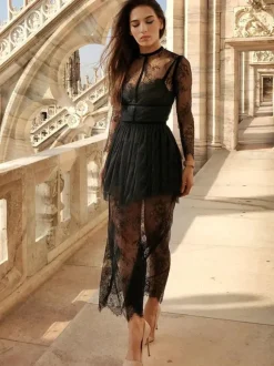 Black Cocktail Dress 2026 Sheath Jewel Neck Long Sleeve Lace Pleated Social Party Dresses Pageant Dress