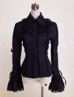 Black Cotton Lolita Blouse Long Hime Sleeves Lace Up Lace Trim Turn-down Collar